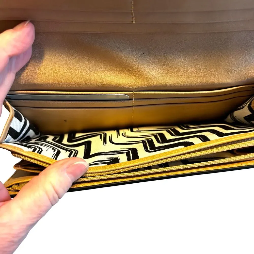 Lodis brand striped beige & black Chevron patent leather wallet clutch purse